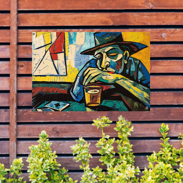 Man in café met kaart en glas tuinposter