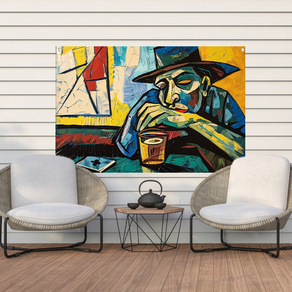Man in café met kaart en glas tuinposter