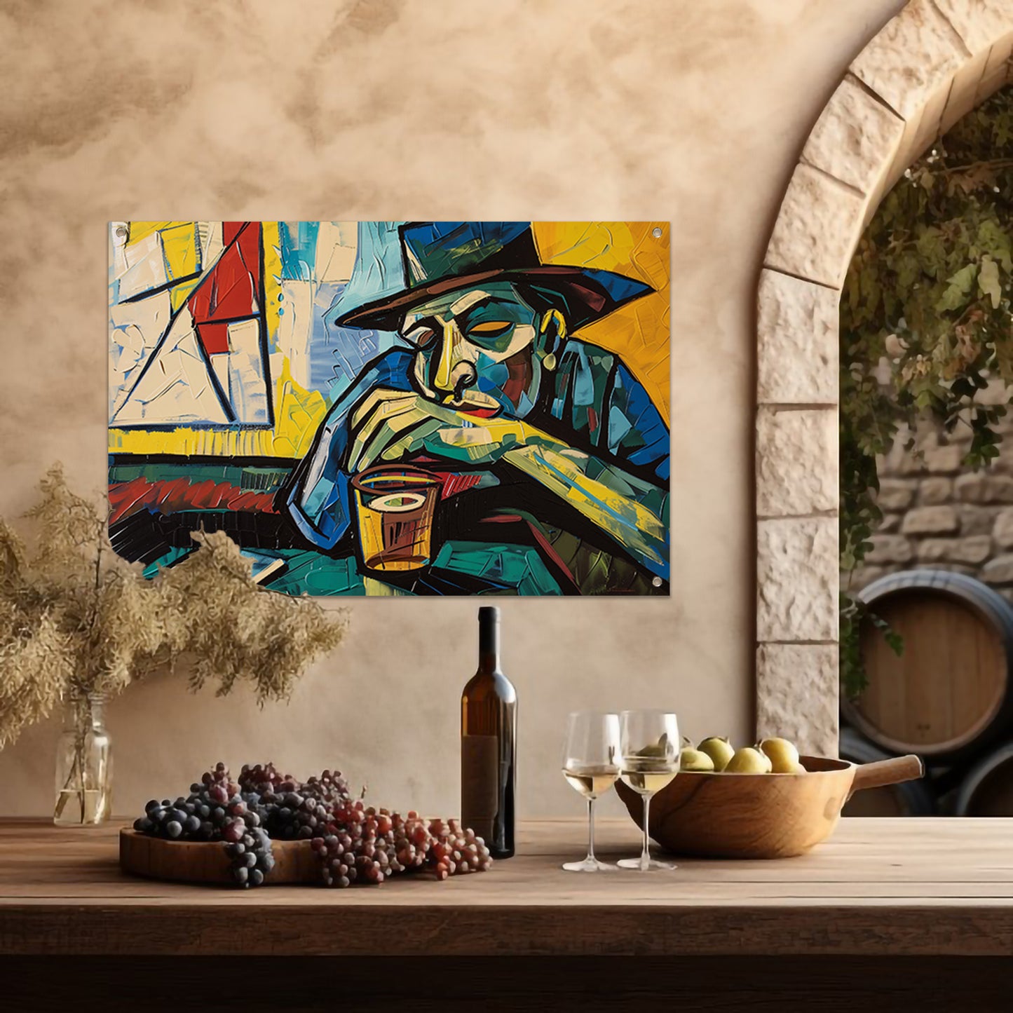 Man in café met kaart en glas tuinposter