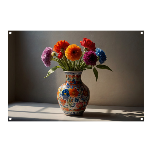 Kleurrijk stilleven met bloemen in vaas tuinposter