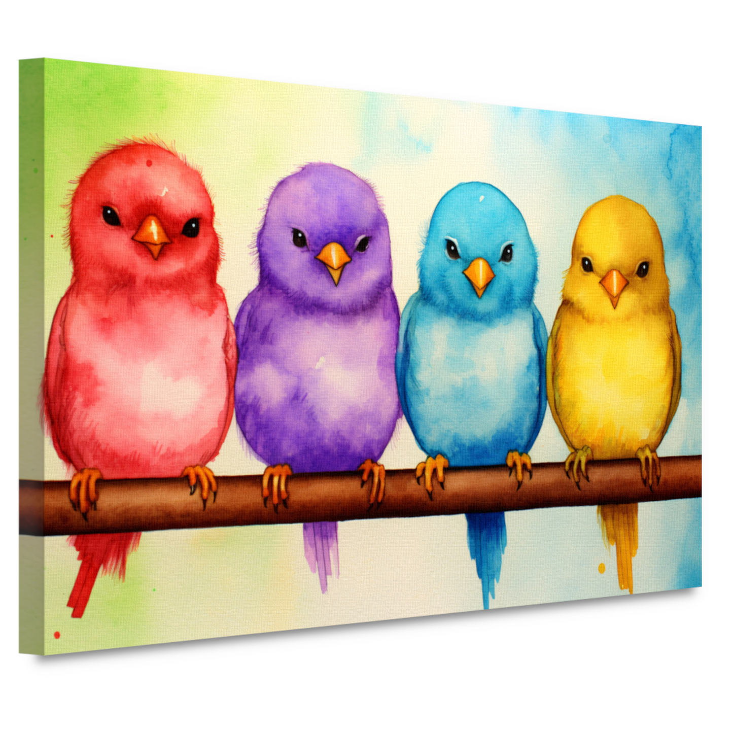 Gezellige kleurrijke vogels op een tak canvas