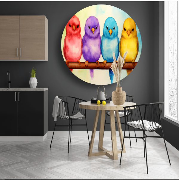 Gezellige kleurrijke vogels op een tak aluminium muurcirkel
