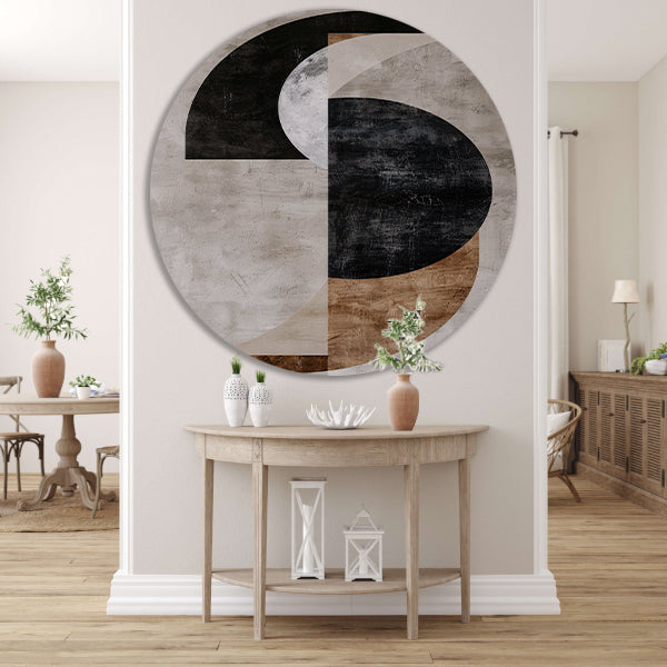 Abstracte compositie met monochrome texturen aluminium muurcirkel