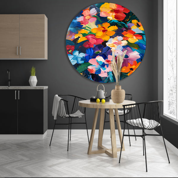 Explosie van kleuren in abstract bloemenschilderij forex muurcirkel