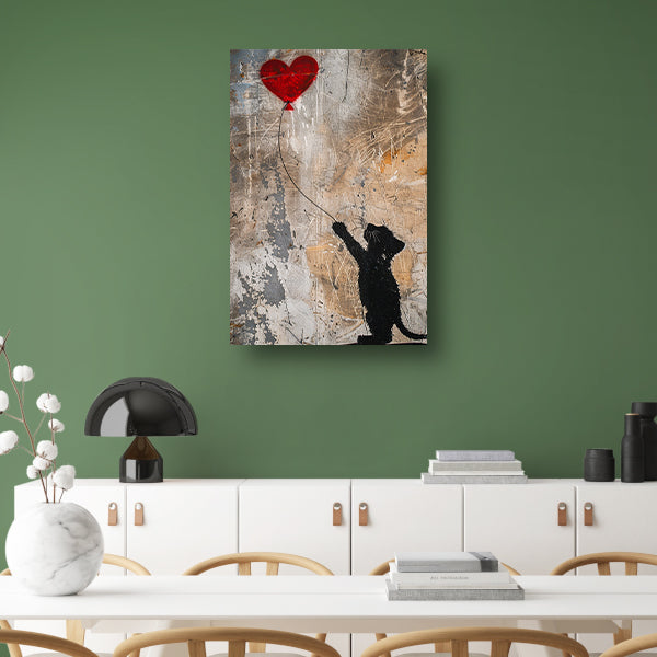 Silhouet van kat met rood hartvormige ballon poster