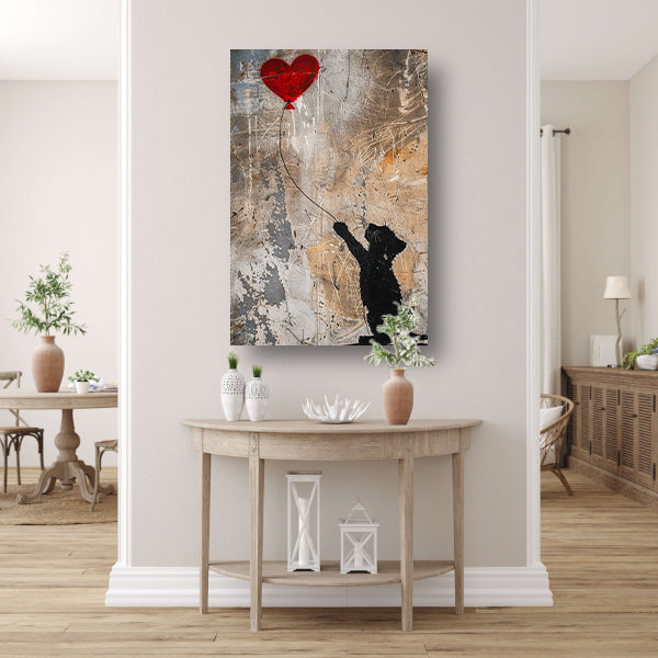 Silhouet van kat met rood hartvormige ballon poster