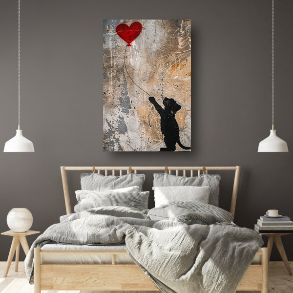 Silhouet van kat met rood hartvormige ballon poster