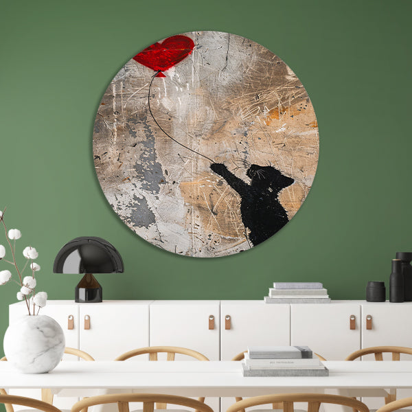 Silhouet van kat met rood hartvormige ballon forex muurcirkel
