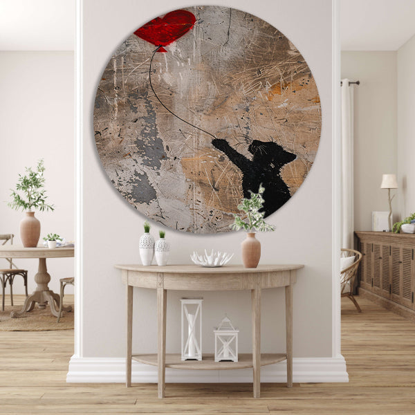 Silhouet van kat met rood hartvormige ballon forex muurcirkel