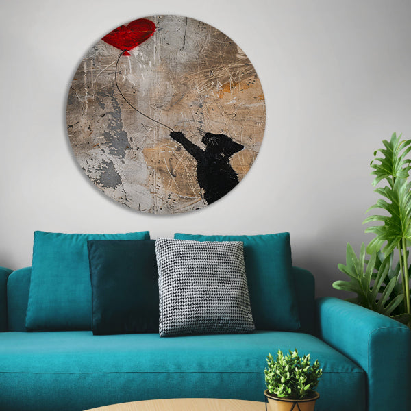 Silhouet van kat met rood hartvormige ballon forex muurcirkel