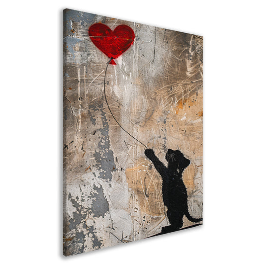 Silhouet van kat met rood hartvormige ballon canvas
