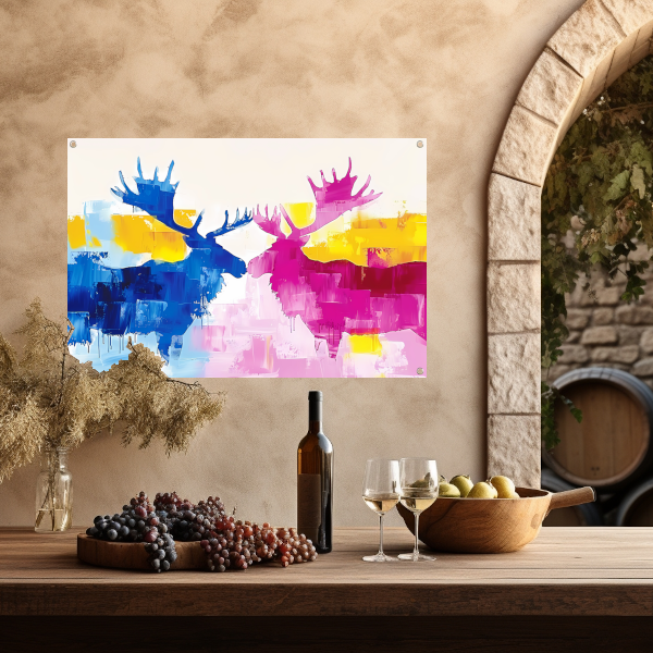 Abstract schilderij van elanden in felle kleuren tuinposter