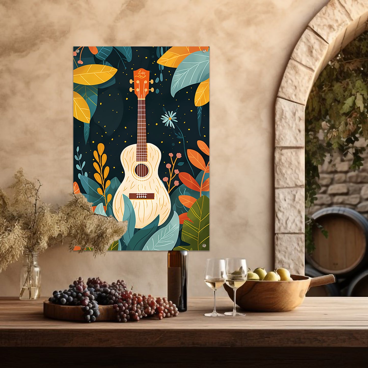 Gitaar omringd door weelderige planten tuinposter