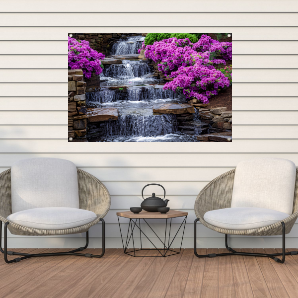 Tuin met paarse rhododendrons en watervallen tuinposter