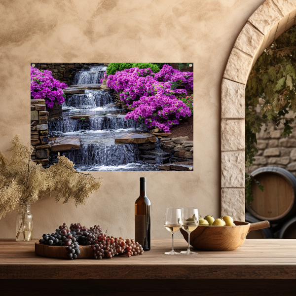 Tuin met paarse rhododendrons en watervallen tuinposter