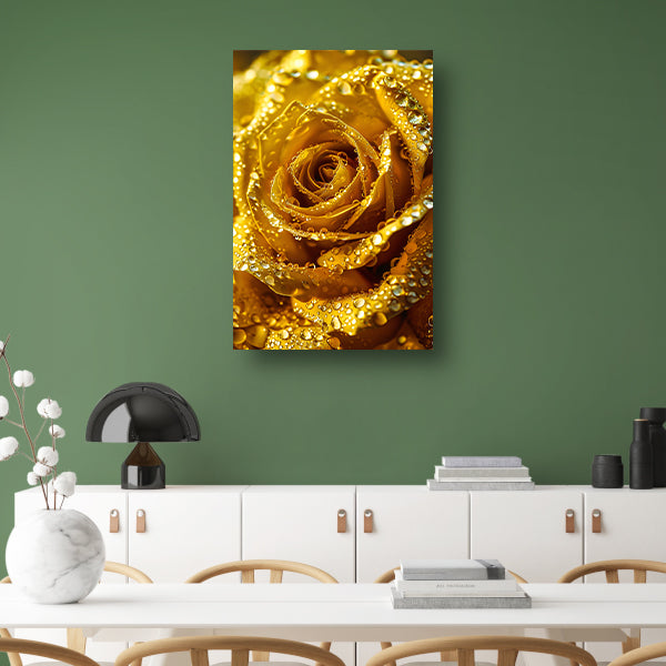 Gouden roos met schitterende waterdruppels in detail poster