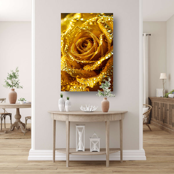 Gouden roos met schitterende waterdruppels in detail poster
