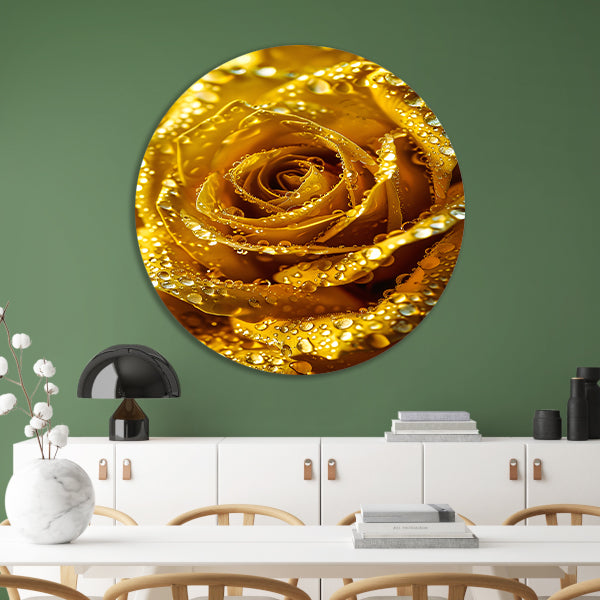 Gouden roos met schitterende waterdruppels in detail forex muurcirkel