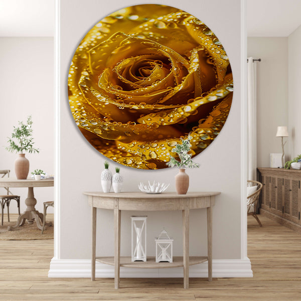 Gouden roos met schitterende waterdruppels in detail aluminium muurcirkel