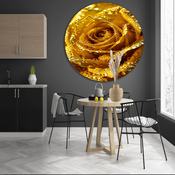 Gouden roos met schitterende waterdruppels in detail forex muurcirkel