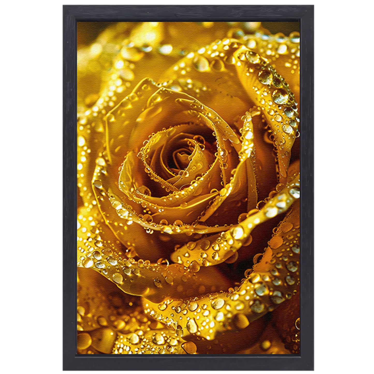 Gouden roos met schitterende waterdruppels in detail canvas met baklijst