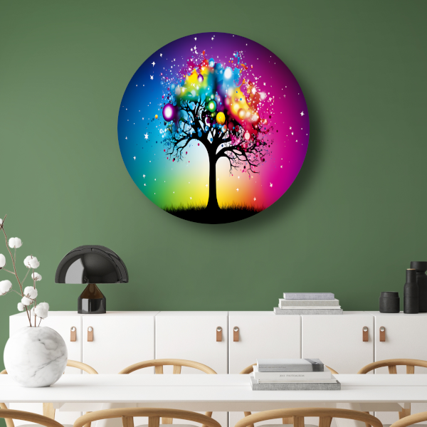 Kleurrijke boom in regenboog aluminium muurcirkel