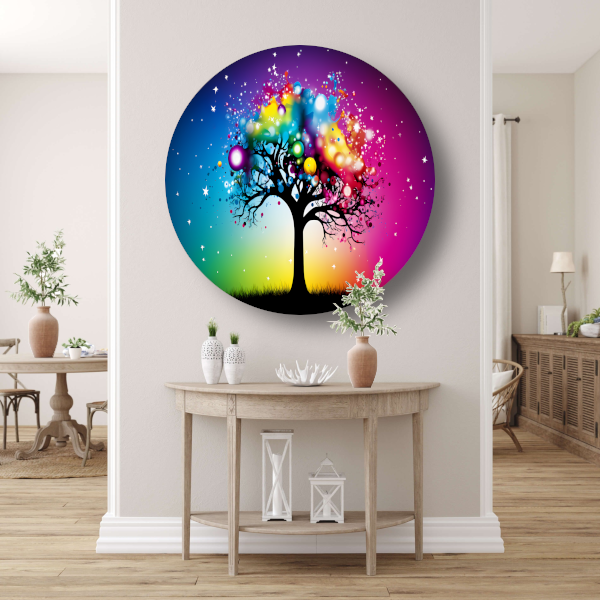 Kleurrijke boom in regenboog aluminium muurcirkel