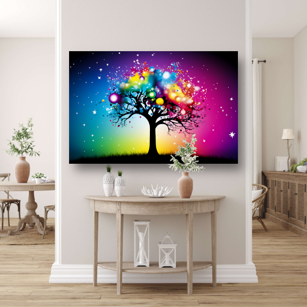 Kleurrijke boom in regenboog canvas