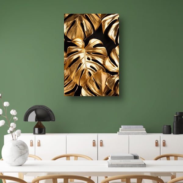 Gouden Monstera Bladeren op Zwart acrylglas