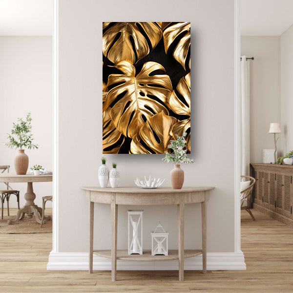 Gouden Monstera Bladeren op Zwart acrylglas