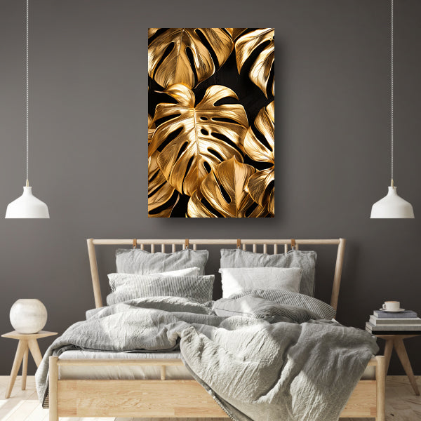 Gouden Monstera Bladeren op Zwart acrylglas