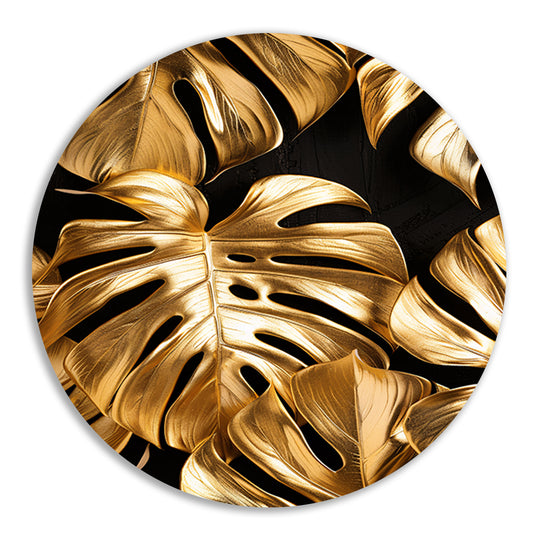 Gouden Monstera Bladeren op Zwart aluminium muurcirkel