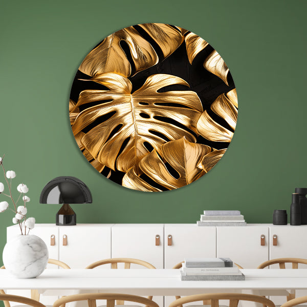Gouden Monstera Bladeren op Zwart forex muurcirkel