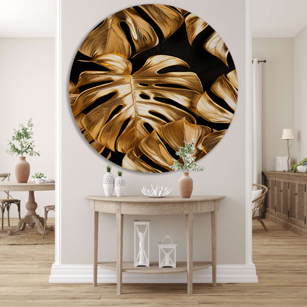 Gouden Monstera Bladeren op Zwart aluminium muurcirkel