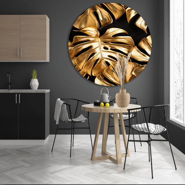 Gouden Monstera Bladeren op Zwart forex muurcirkel