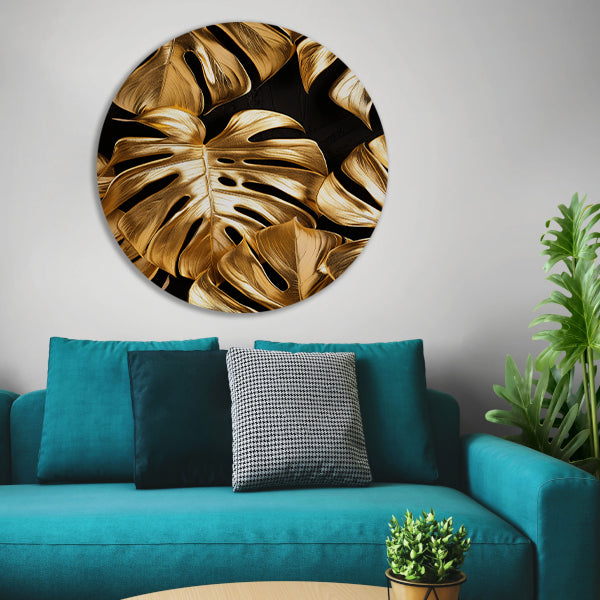 Gouden Monstera Bladeren op Zwart forex muurcirkel
