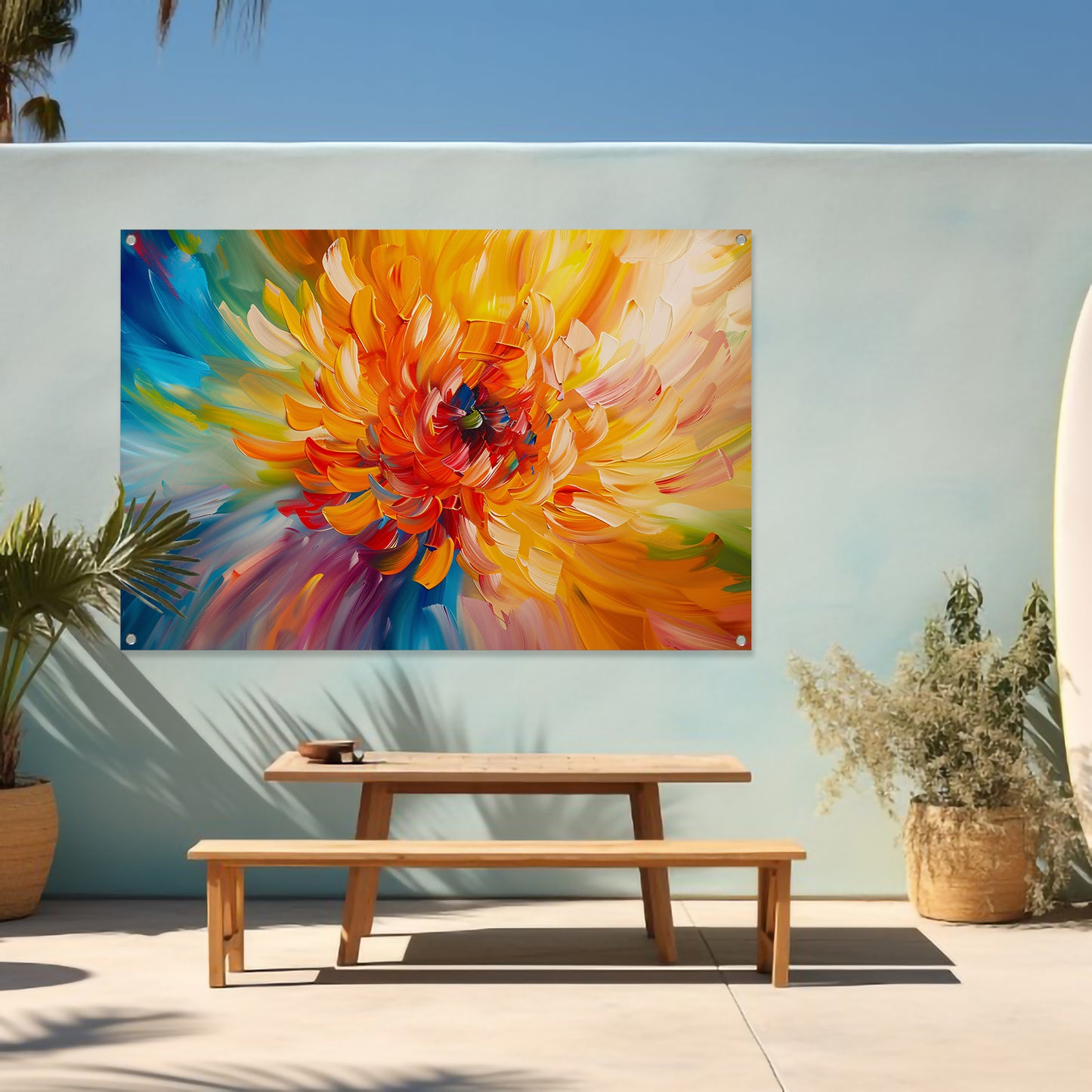 Abstracte schilderij van kleurrijke chrysant tuinposter
