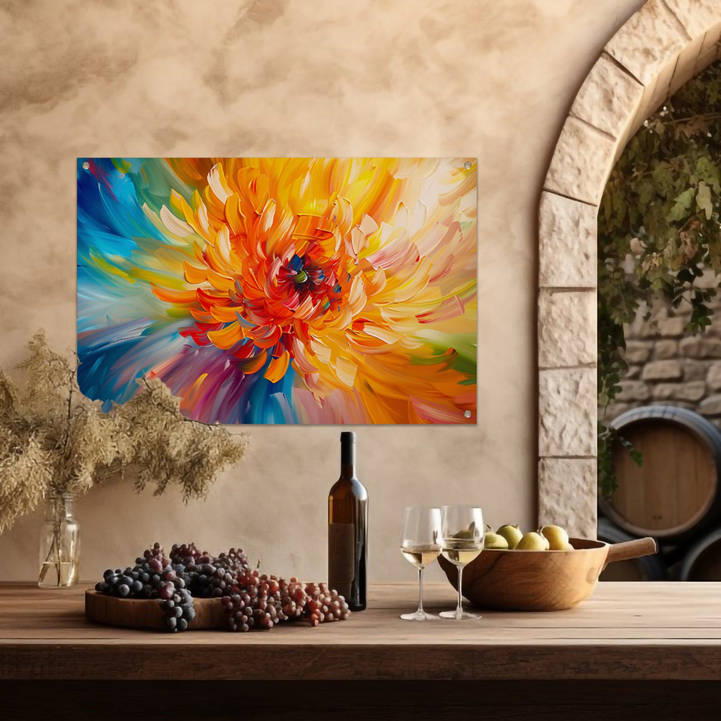 Abstracte schilderij van kleurrijke chrysant tuinposter
