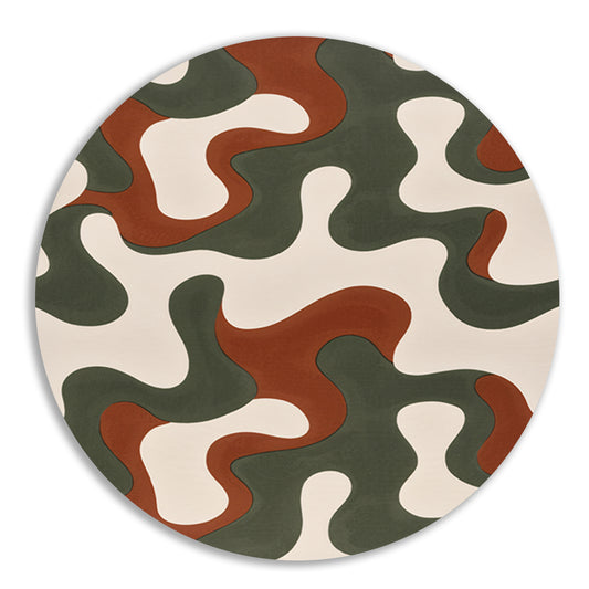 Abstract kunstwerk met groene, bruine en rode patronen aluminium muurcirkel