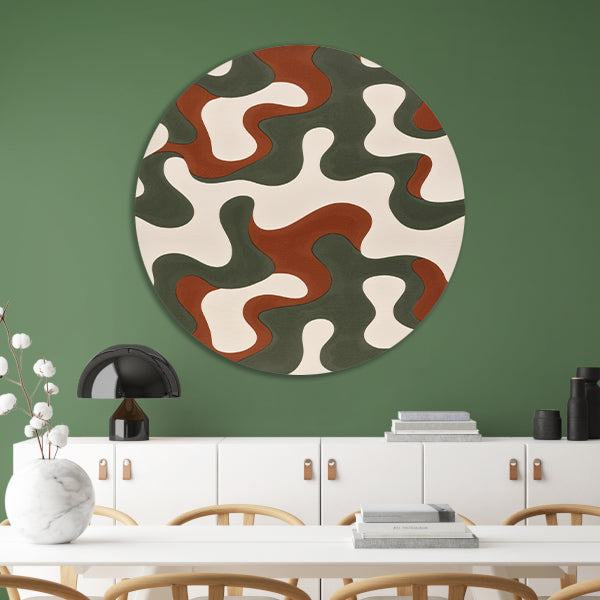 Abstract kunstwerk met groene, bruine en rode patronen aluminium muurcirkel
