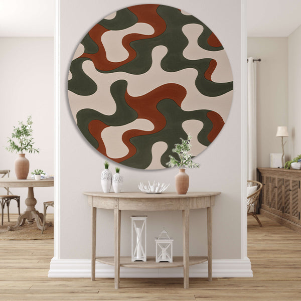 Abstract kunstwerk met groene, bruine en rode patronen aluminium muurcirkel