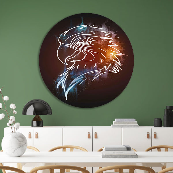 Dynamische Abstracte Adelaar in Blauw en Oranje aluminium muurcirkel