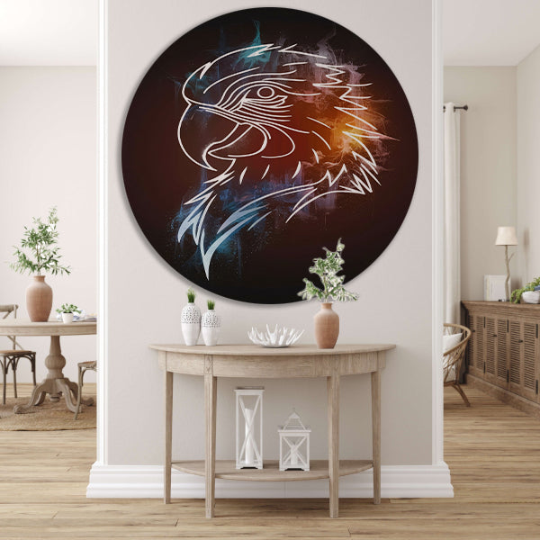 Dynamische Abstracte Adelaar in Blauw en Oranje aluminium muurcirkel