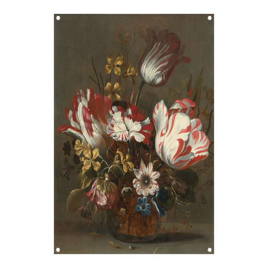 Tulpen en andere bloemen in een glazen vaas - Hans Bollongier tuinposter