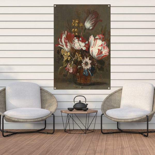 Tulpen en andere bloemen in een glazen vaas - Hans Bollongier tuinposter