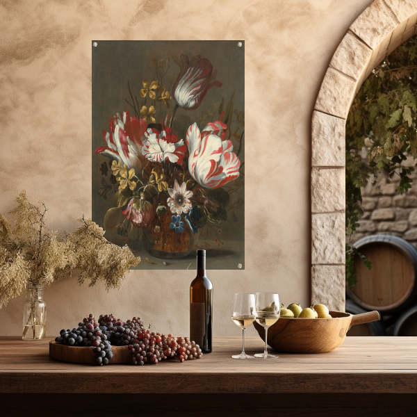 Tulpen en andere bloemen in een glazen vaas - Hans Bollongier tuinposter
