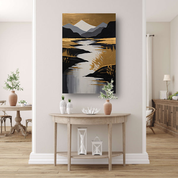 Rustic River Flowing Through Monochrome Mountains canvas