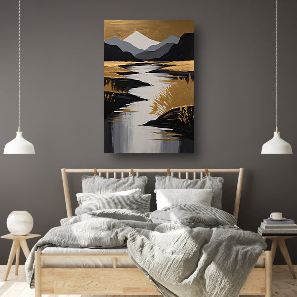 Rustic River Flowing Through Monochrome Mountains canvas