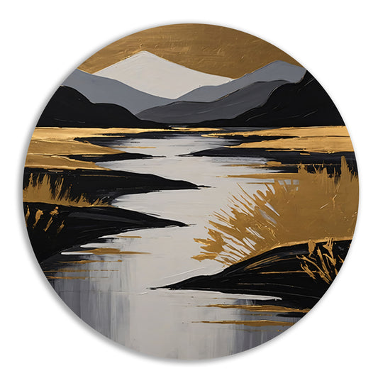 Rustic River Flowing Through Monochrome Mountains aluminium muurcirkel