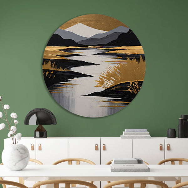 Rustic River Flowing Through Monochrome Mountains aluminium muurcirkel